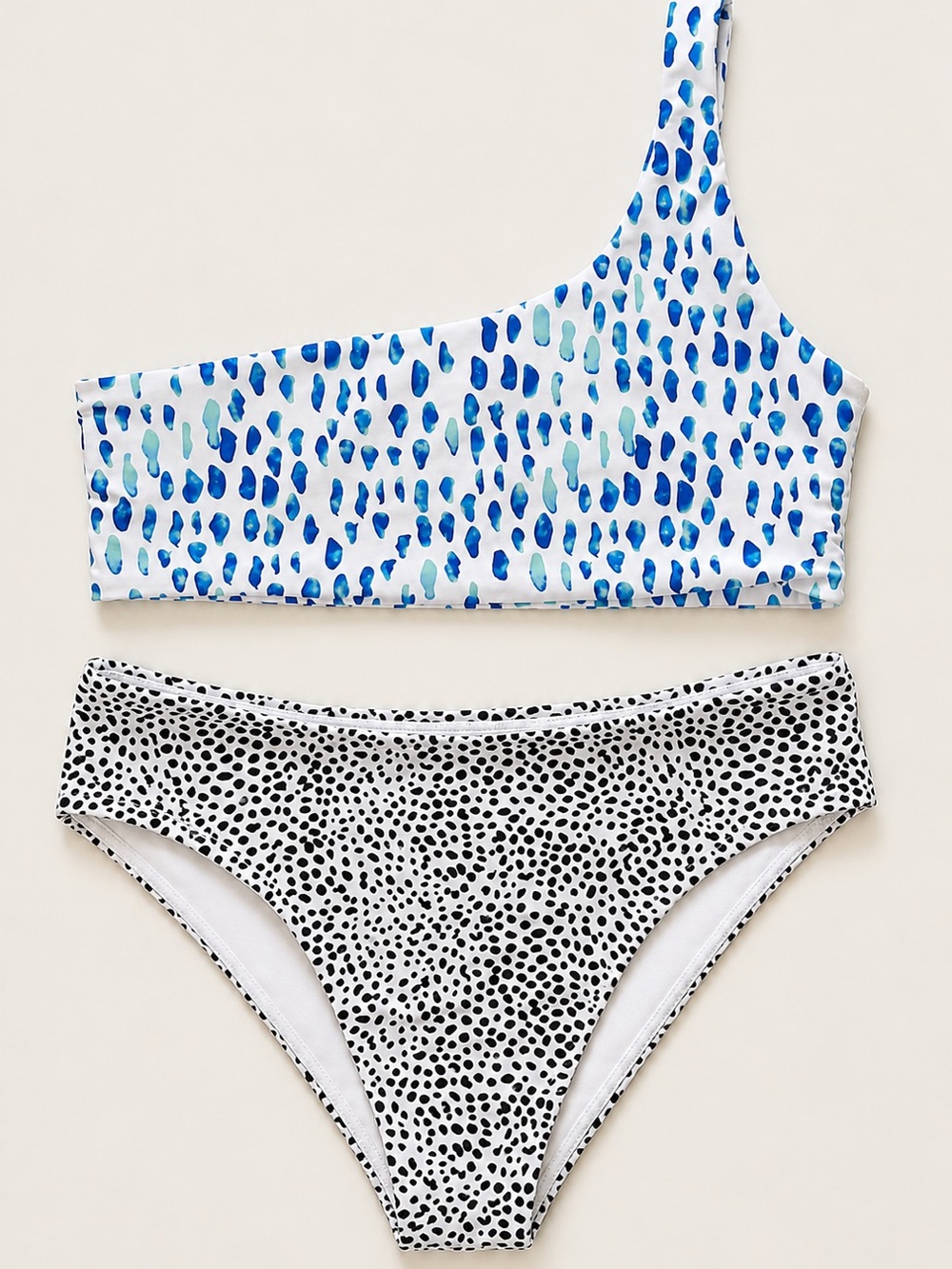 Shein Blue Speck One-Shoulder Bikini Top with Black Speckle Bottom